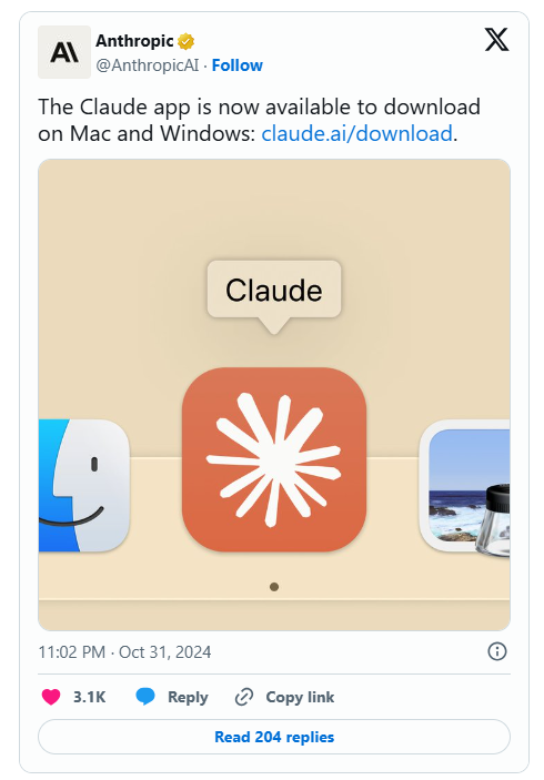 Anthropic 发布 Claude 桌面应用程序，兼容 Mac 与 Windows 双平台