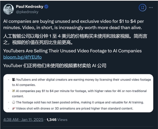 OpenAI、谷歌高额回购UP主“废弃”视频 每分钟2美元