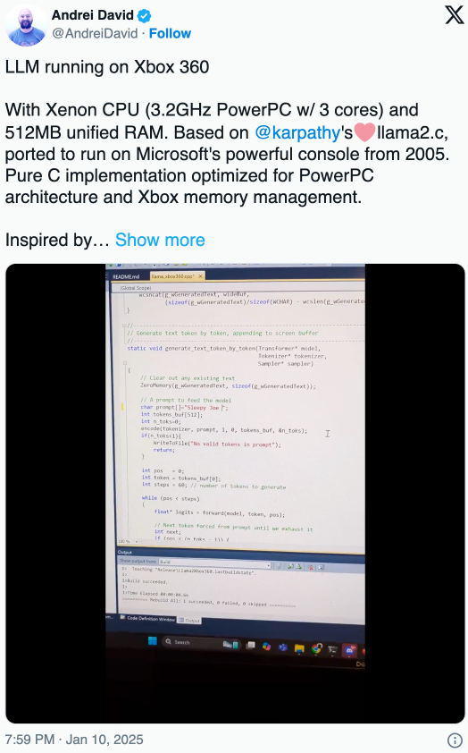 开发者突破界限：成功在Xbox 360上运行Llama语言模型，挑战老旧硬件极限