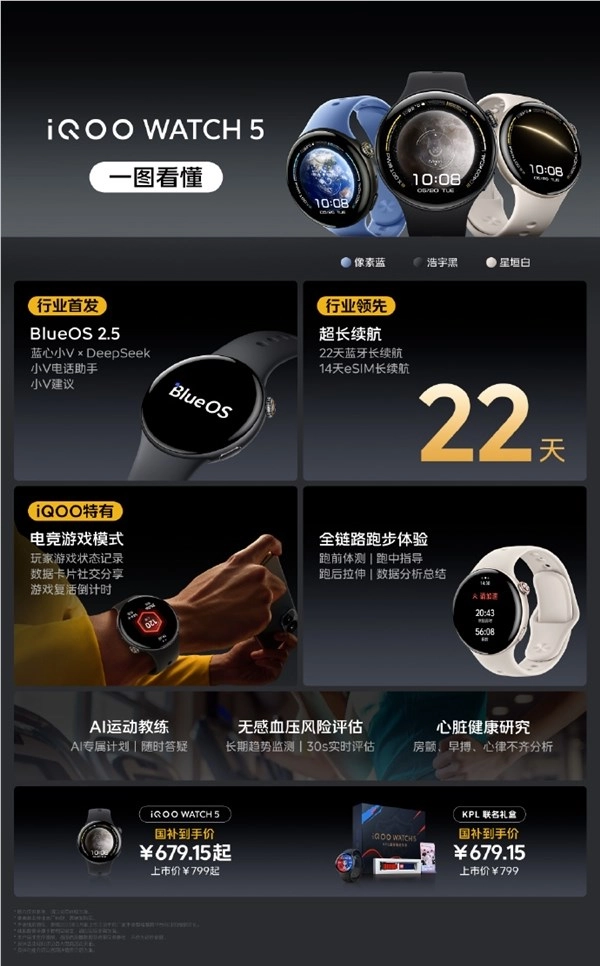 799元起！iQOO WATCH 5智能手表重磅发布：首发蓝河OS 2.5系统